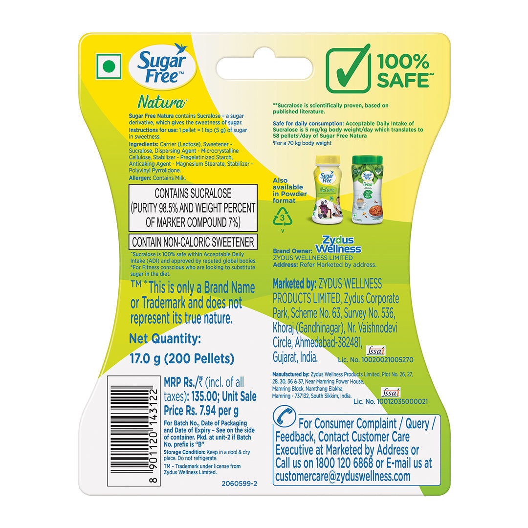 Sugar Free Natura, 200 Pellets |100% Safe| Scientifically Proven & Tested |Sweet like Sugar but with zero calories| 17g