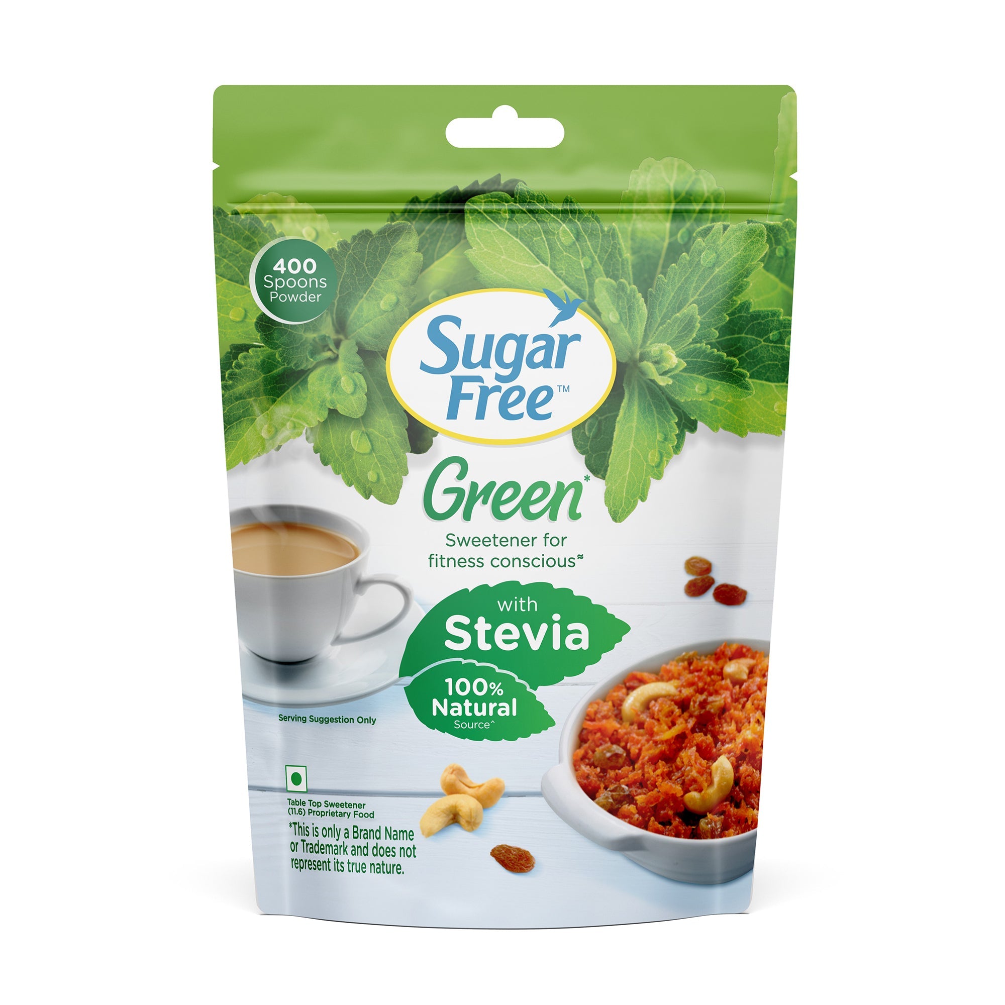 Sugar Free Green Stevia Pouch 400 g |100% Plant based Natural Sweetener | Equivalent to Sweetness from 1Kg Sugar | 100% Natural Stevia leaves| Sweet like Sugar but with zero calories