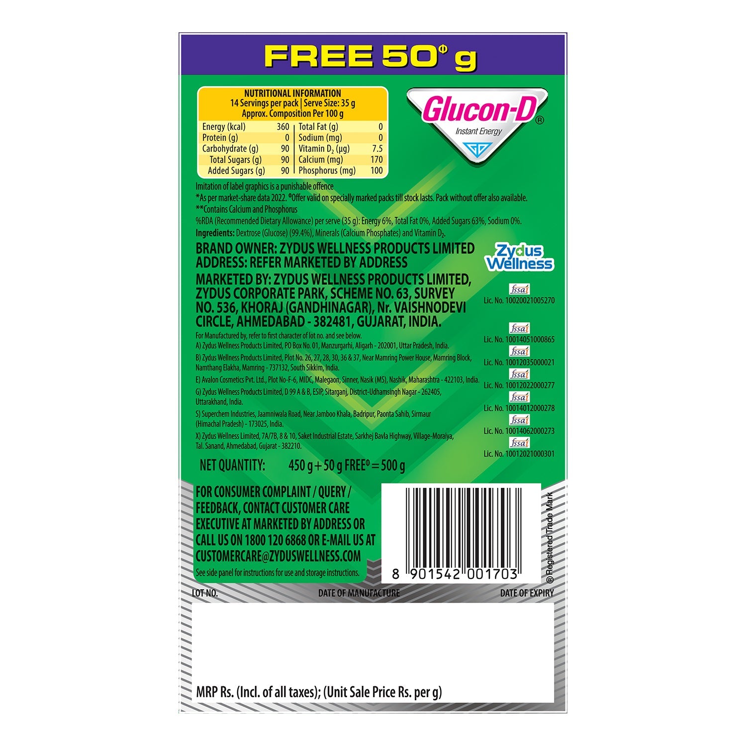 Glucon-D Instant Energy Health Drink Regular - 450 gm Refill (Extra 50Gm Free)