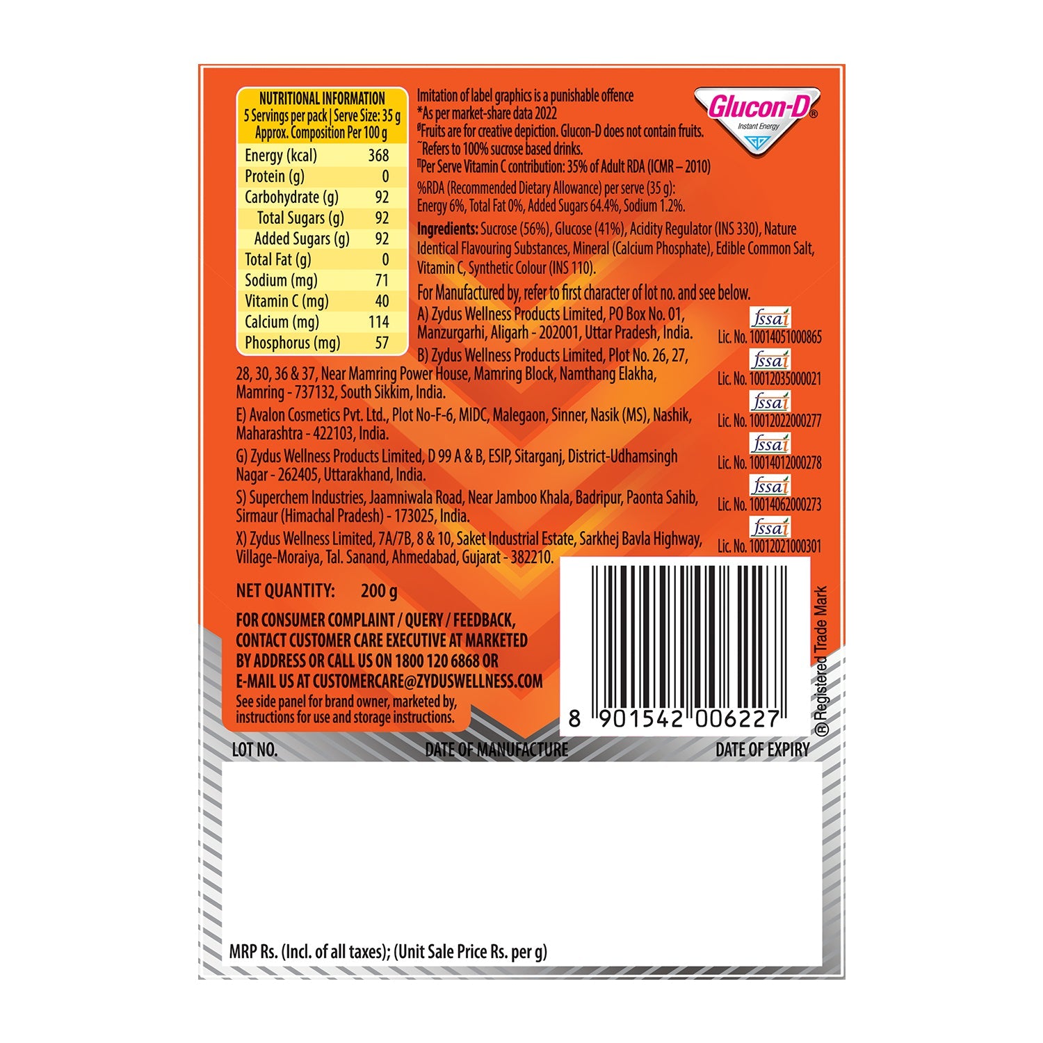 Glucon-D Tangy Orange Glucose Powder(200g, Refill)| For Tasty Orange Flavoured Glucose Drink| Provides Instant Energy| Vitamin C Supports Immunity| Contains Calcium for Bone