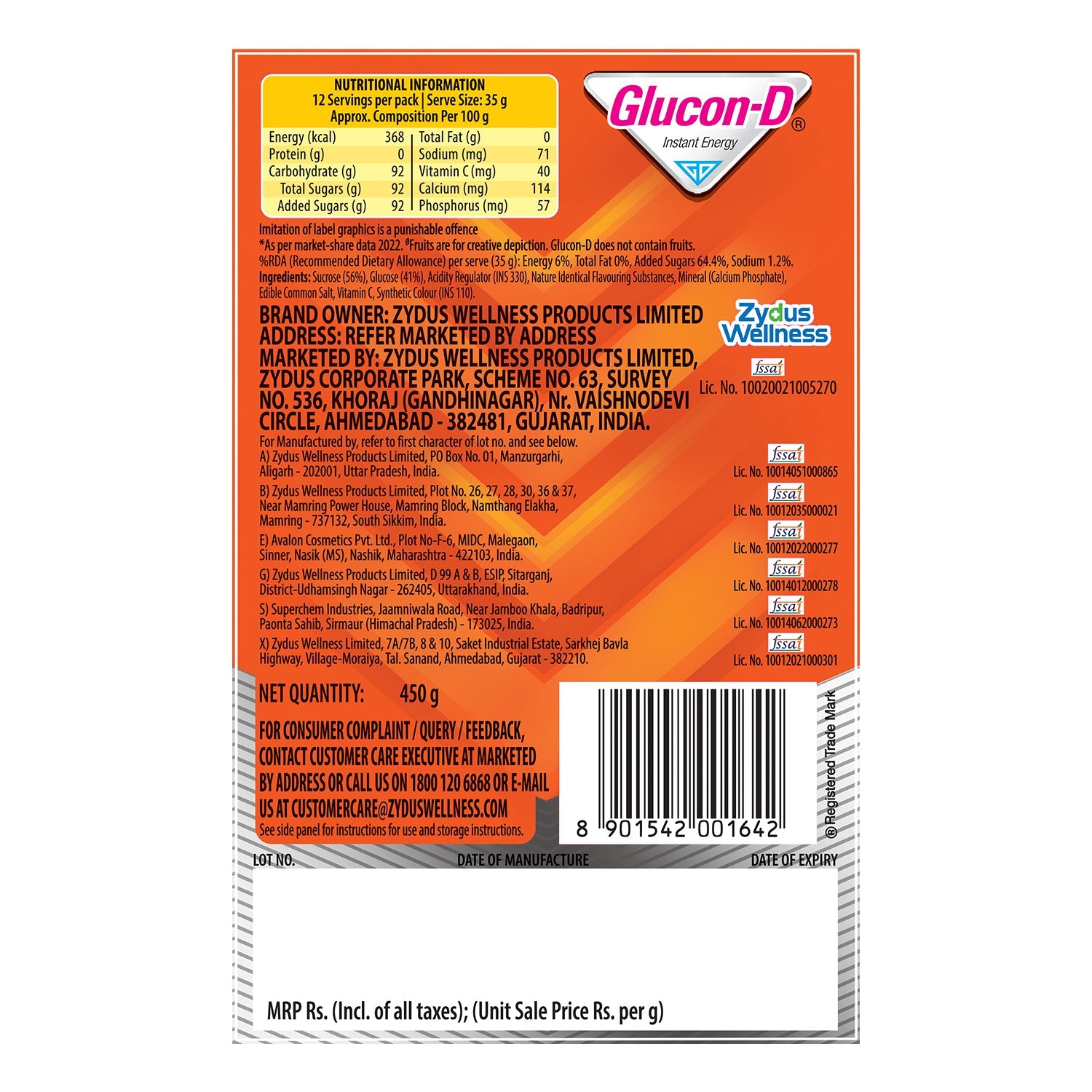 Glucon-D Tangy Orange Glucose Powder(450g, Refill)| For Tasty Orange Flavoured Glucose Drink| Provides Instant Energy| Vitamin C Supports Immunity| Contains Calcium for Bone