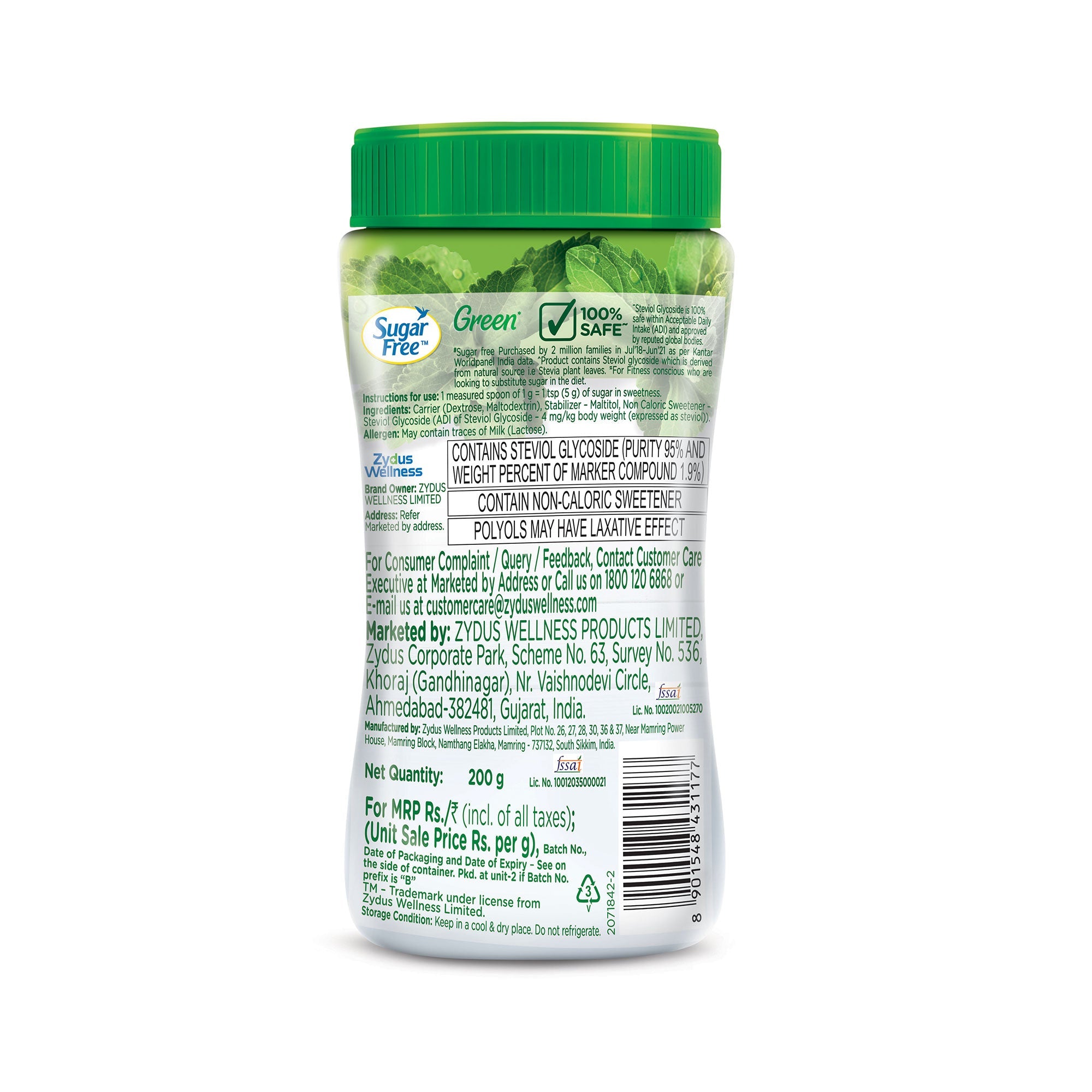 Sugar Free Green Stevia Jar, 200 g | 100% Plant-based Natural Sweetener | Equivalent to Sweetness from 1Kg Sugar | 100% Natural Stevia leaves| Sweet like Sugar but with zero calories|