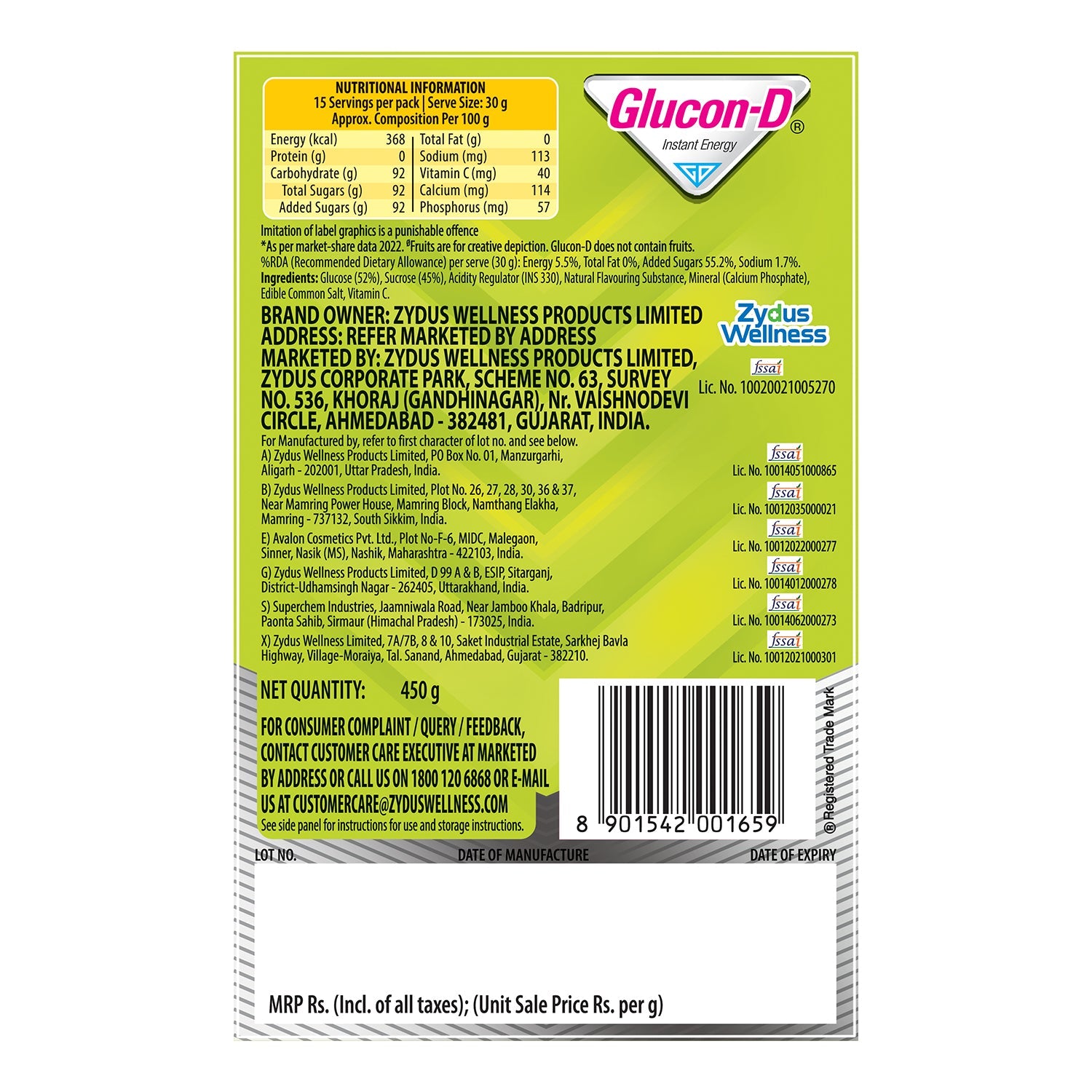 Glucon-D Nimbu Pani Glucose Powder (450g, Refill)| For Tasty Tangy Flavoured Glucose Drink| Provides Instant Energy| Vitamin C Supports Immunity| Contains Calcium for Bone