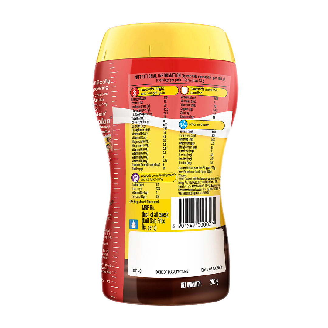 Complan Nutrition Drink Powder for Children, Royale Chocolate Flavour, 200 g Jar | Nutrition drink for kids with protein & 34 vital nutrients