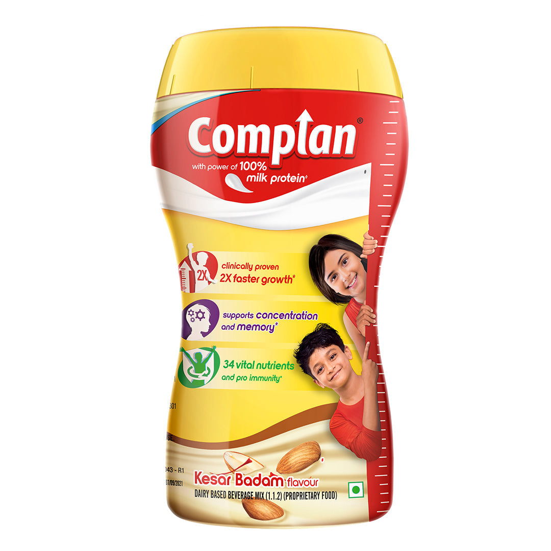 Complan Nutrition Drink Powder for Children, Kesar Badam Flavour, 500 g Jar | Nutrition drink for kids with protein & 34 vital nutrients